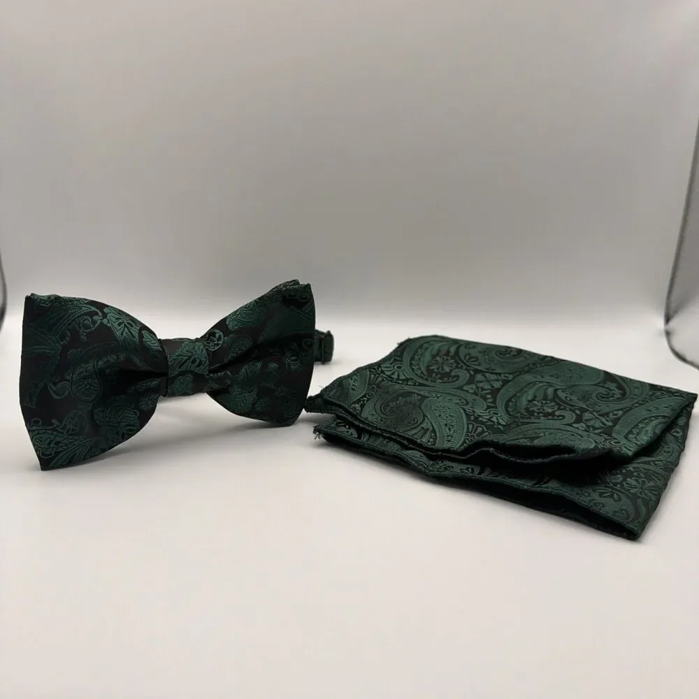 Alizeal Adjustable Men's Bow Tie Green Paisley with Matching Handkerchief